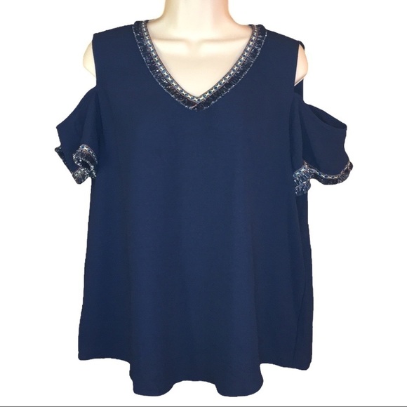 Andrew Marc | Blue Cold Shoulder Top Fringe Detail L - Picture 1 of 5